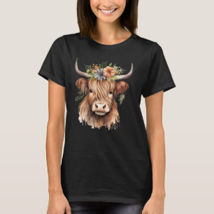 Cute Watercolor Highland Cow with Flowers - Pretty T-Shirt