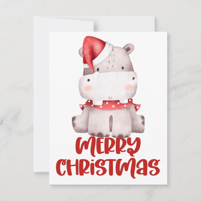 Cute Watercolor Hippo Christmas Card (Front)