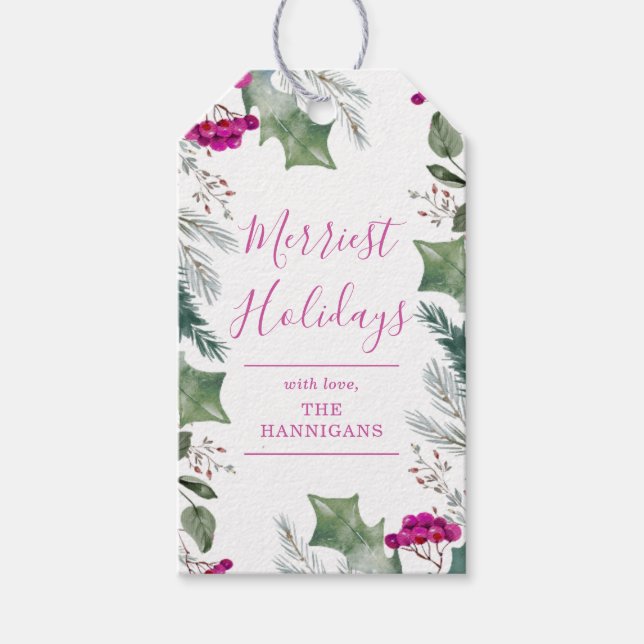 Cute Watercolor Holly Greenery Christmas Gift Tags (Front)