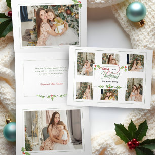 Cute Watercolor Holly Merry Christmas Multi Photo Tri-Fold Holiday Card