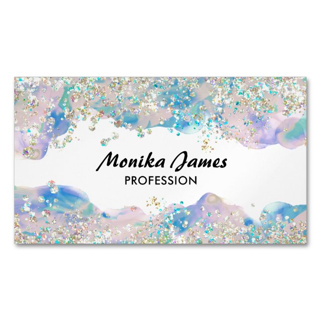 Cute Watercolor Holographic Faux Glitter Monogram Magnetic Business Card (Front)