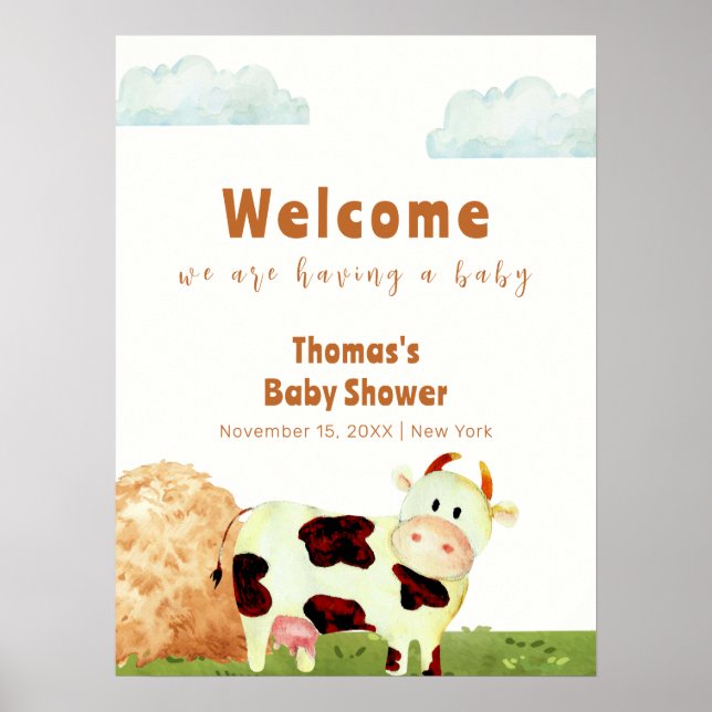 Cute Watercolor Holy Cow Farm Baby Shower Welcome Poster (Front)