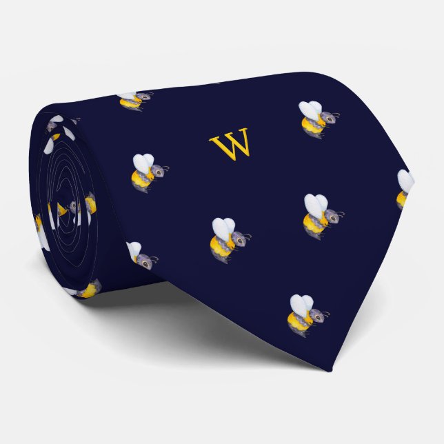 Cute Watercolor Honey Bee Monogram Initial Blue Tie (Rolled)