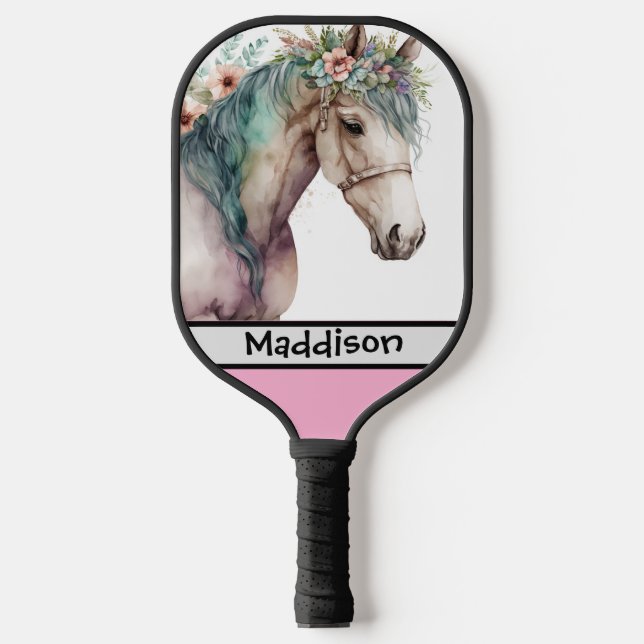 Cute Watercolor Horse Customisable Name  Pickleball Paddle (Front)