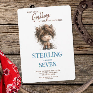 Cute Watercolor Horse Pony Blue Brown Boy Birthday Invitation