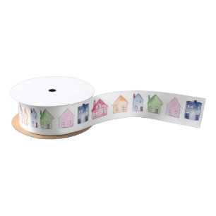 Cute Watercolor Houses  Satin Ribbon