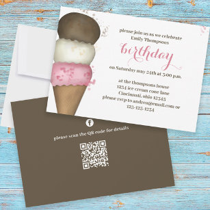 Cute Watercolor Ice Cream Cone Birthday QR Code Invitation