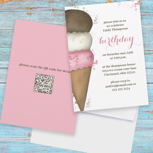 Cute Watercolor Ice Cream Cone Birthday QR Code Invitation (Creator Uploaded)