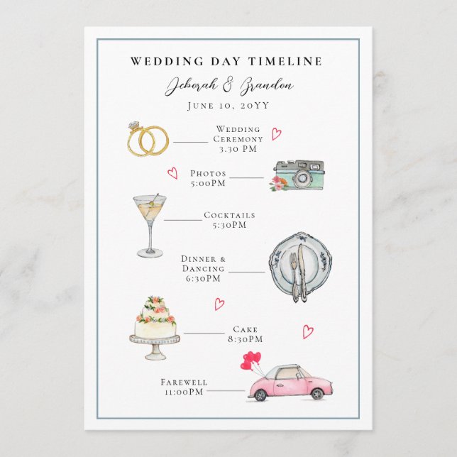 Cute Watercolor Illustrated wedding day Programme (Front)