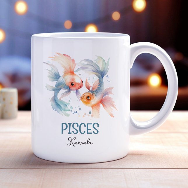 Cute Watercolor Illustration Pisces Zodiac Name Coffee Mug (Cute Watercolor Illustration Pisces Zodiac Name Coffee Mug)