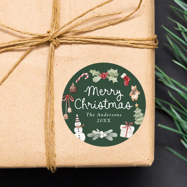 Cute Watercolor Illustrations Green Christmas Classic Round Sticker (Creator Uploaded)