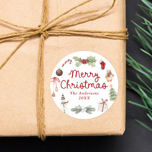 Cute Watercolor Illustrations Merry Christmas Classic Round Sticker