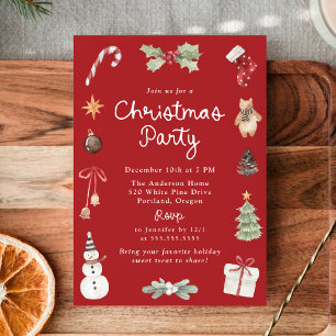 Cute Watercolor Illustrations Red Christmas Party Invitation