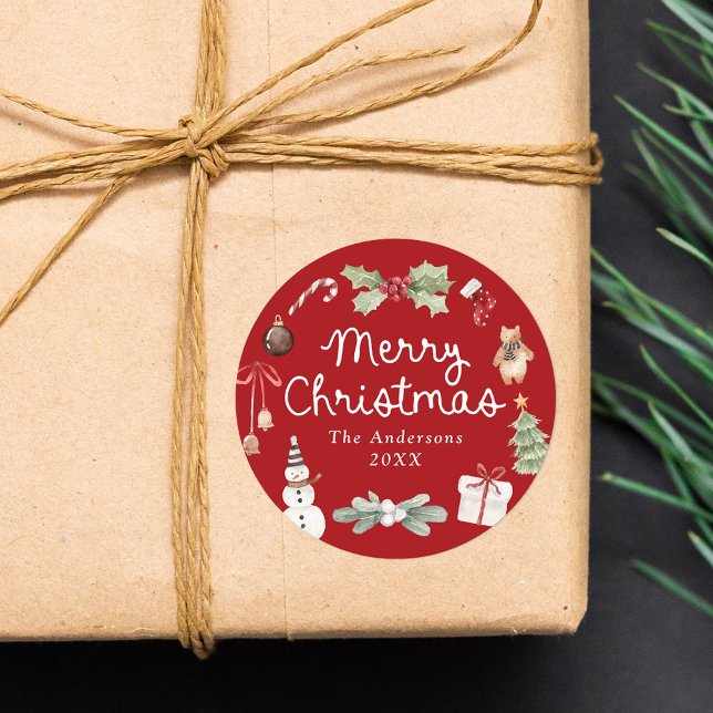 Cute Watercolor Illustrations Red Merry Christmas Classic Round Sticker (Creator Uploaded)