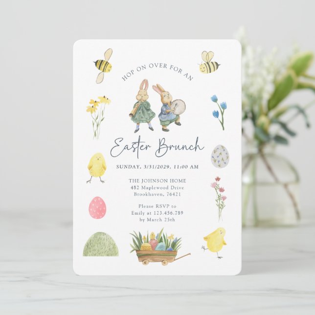 Cute Watercolor, Ilustrative Easter Brunch  Invitation (Standing Front)