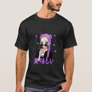 Cute Watercolor Japan Anime Girl Teens Boba Tea He T-Shirt