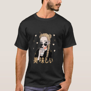 Cute Watercolor Japan Anime Girl Teens Boba Tea He T-Shirt