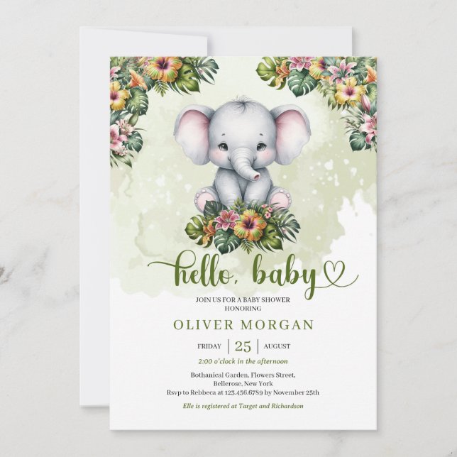 Cute watercolor jungle baby elephant tropical invitation (Front)
