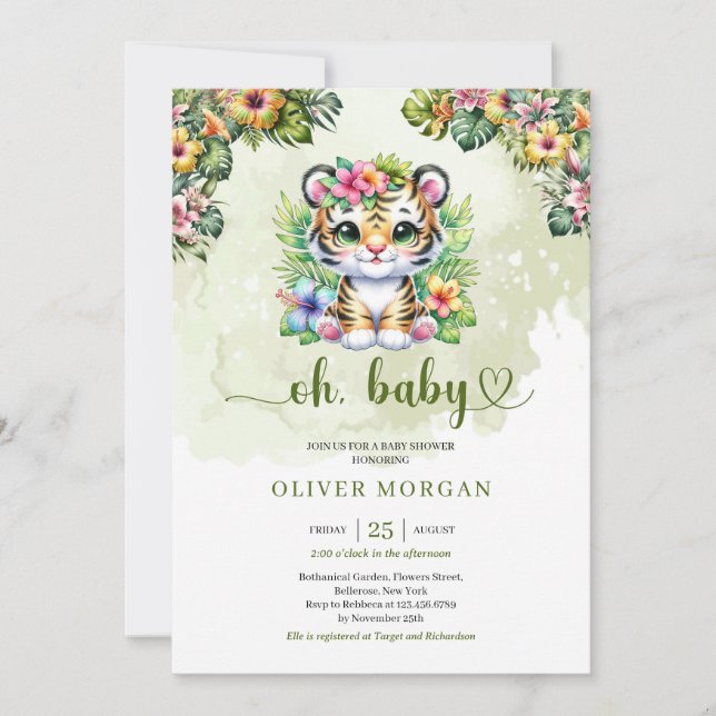 Cute watercolor jungle baby tiger tropical flowers invitation (Front)