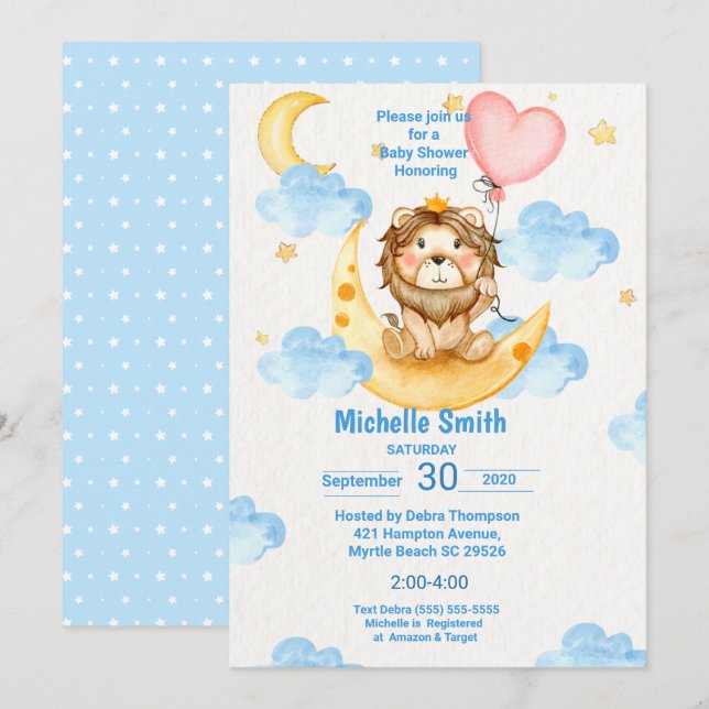 Cute Watercolor King Lion Blue Pink Invitation (Front/Back)