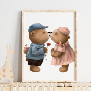 Cute Watercolor Kissing Bears Bears Wall Print