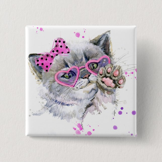 Cute Watercolor Kitten 15 Cm Square Badge (Front)