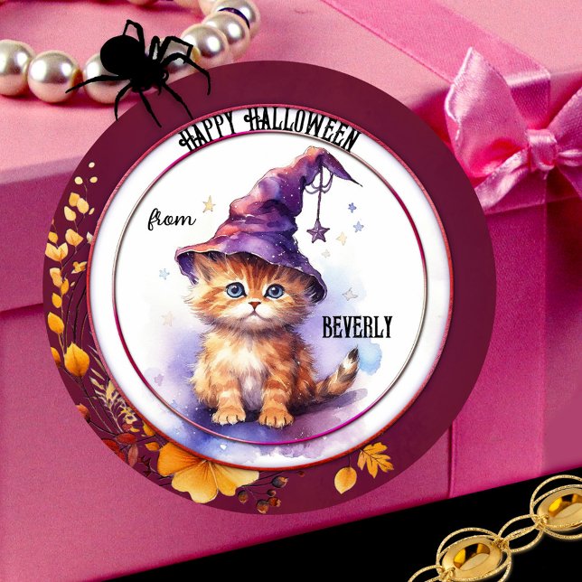 Cute Watercolor Kitten Happy Halloween Sticker (Cute Halloween sticker featuring a kitten with a witch hat in watercolor)