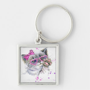 Cute Watercolor Kitten Key Ring