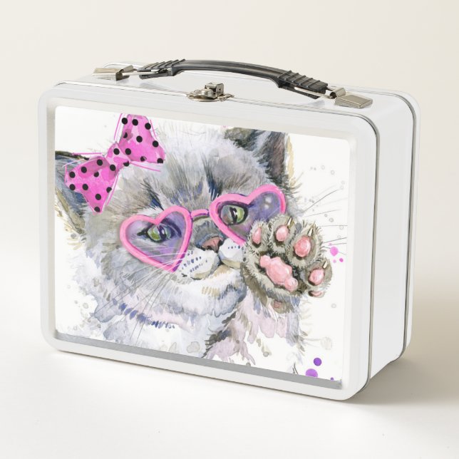 Cute Watercolor Kitten Metal Lunch Box (Front)