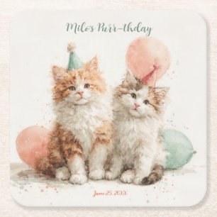Cute Watercolor Kitten Pawty Cat Birthday Square Paper Coaster