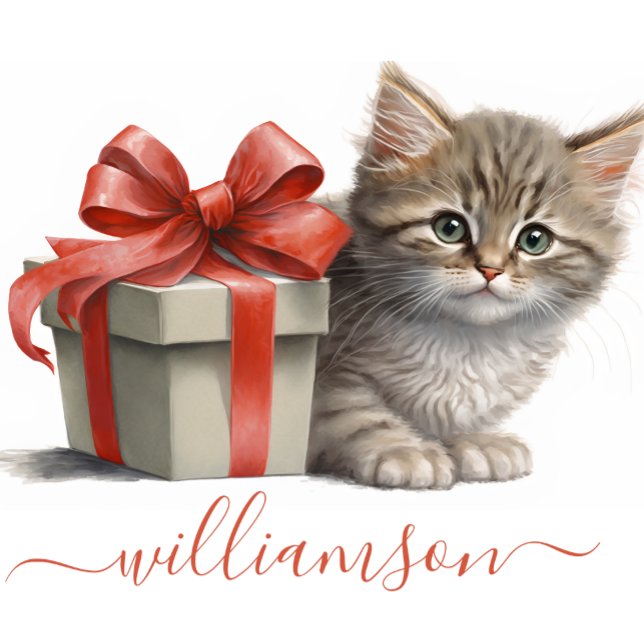 Cute Watercolor Kitten Red Ribbon Note Card (Note Card with a sweet kitten)
