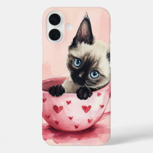 CUTE WATERCOLOR KITTEN SITTING IN PINK TEA CUP iPhone 16 PLUS CASE