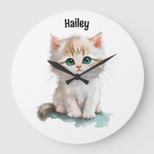 Cute Watercolor Kitten with Blue Eyes  Large Clock