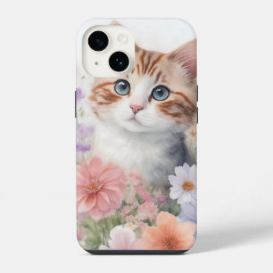 Cute Watercolor Kitten with Floral iPhone 14 Case