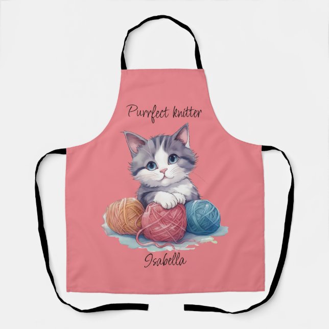 Cute watercolor kitten with yarns custom name apron (Front)