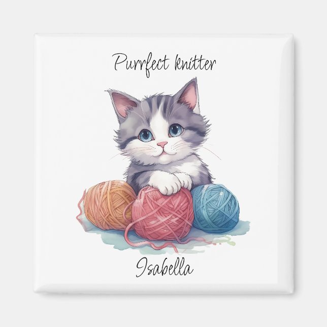Cute watercolor kitten with yarns custom name magnet (Front)