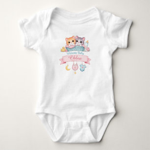Cute Watercolor Kittens Welcome Baby Custom Name Bodysuit