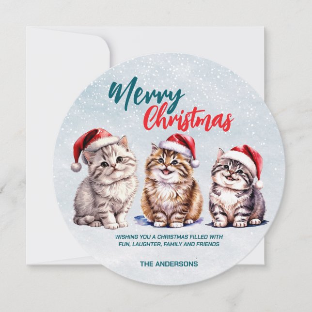 Cute watercolor kitty cat Santa  Merry Christmas  Holiday Card (Front)