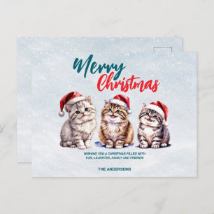 Cute watercolor kitty cat Santa  Merry Christmas  Holiday Postcard