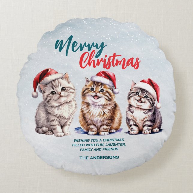 Cute watercolor kitty cat Santa  Merry Christmas  Round Cushion (Front)