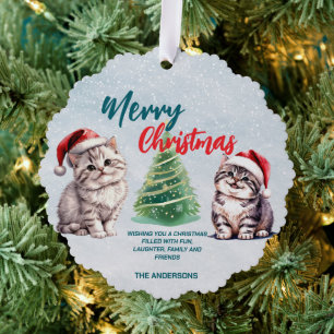 Cute watercolor kitty cat Santa  Merry Christmas  Tree Decoration Card