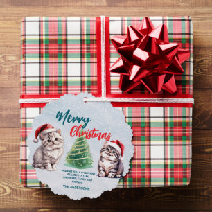 Cute watercolor kitty cat Santa  Merry Christmas  Tree Decoration Card