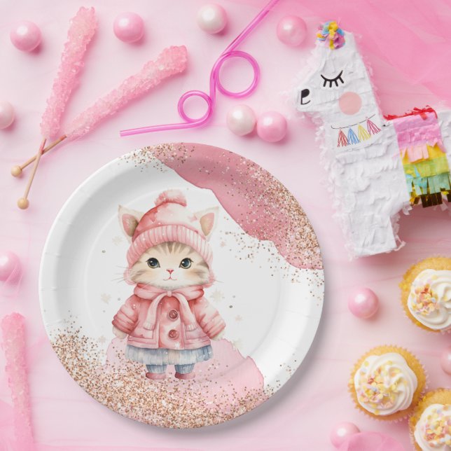 Cute Watercolor Kitty Cat Winter Coat Party Paper Plate (Party)