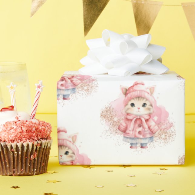 Cute Watercolor Kitty Cat Winter Coat Party Wrapping Paper (Birthday Party)