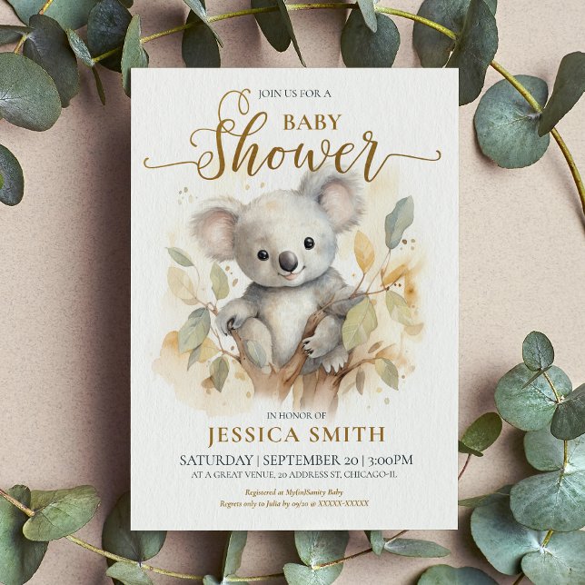 Cute Watercolor Koala Bear Baby Shower Invitation (This “aussie-ome” koala baby shower invitation is almost too much sweetness to “bear”.)