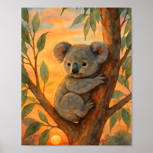 Cute Watercolor Koala in Eucalyptus Tree  Poster (Front)