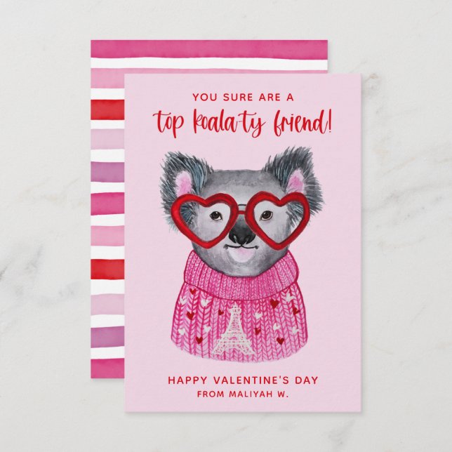 Cute Watercolor Koala Kids Valentine Holiday Card (Front/Back)