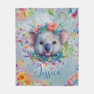 Cute Watercolor Koala with flowers  Fleece Blanket