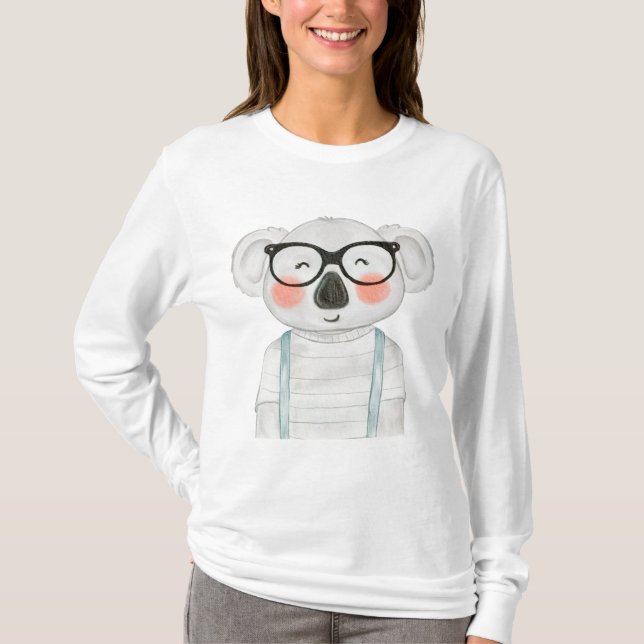 Cute Watercolor Koala with Glasses T-Shirt (Front)