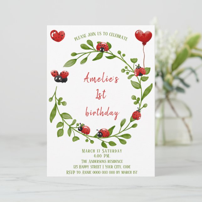 Cute Watercolor Ladybug Birthday  Invitation (Standing Front)